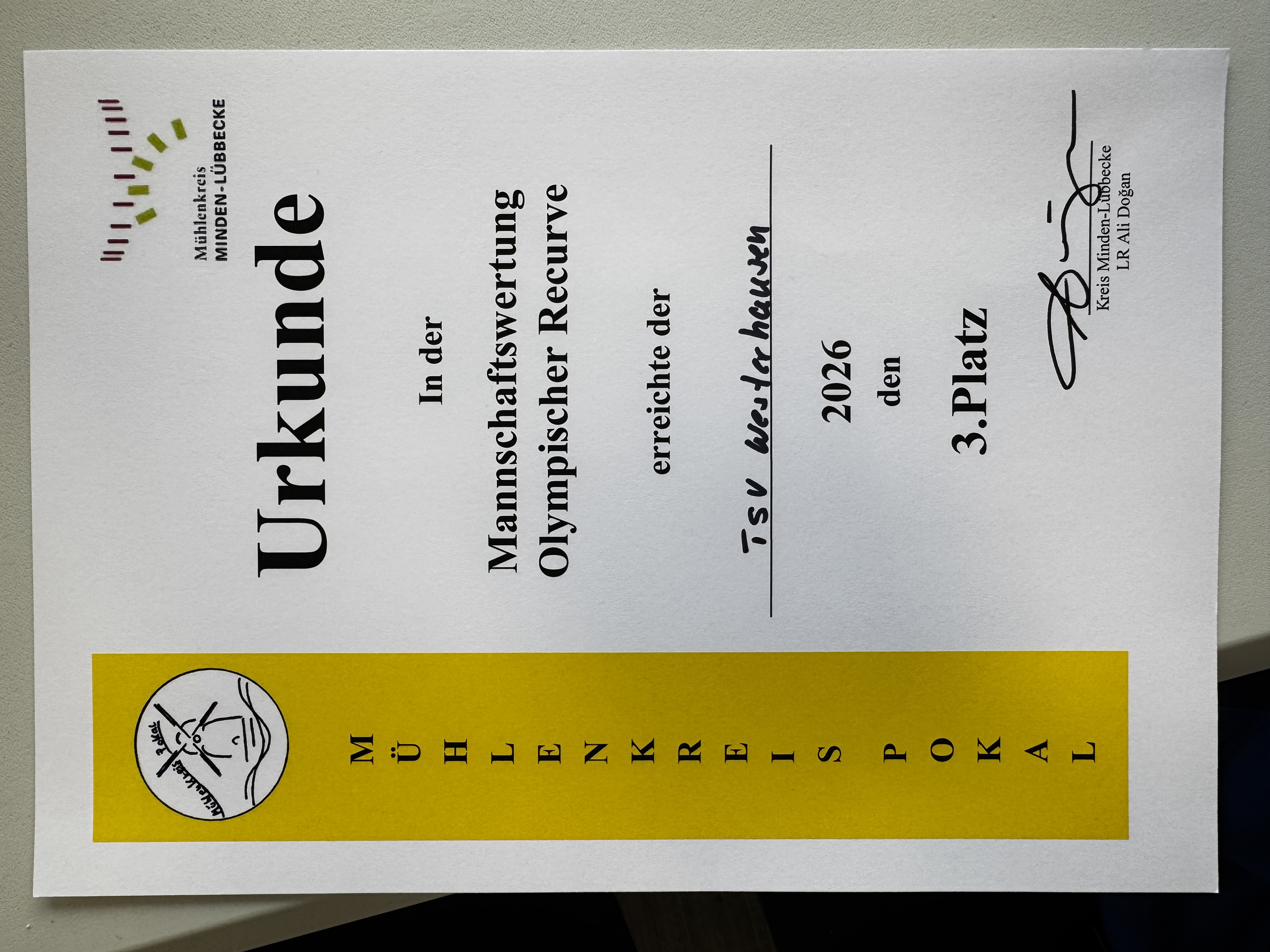 Urkunde Bogensportturnier Urkunde für den 3. Platz des TSV Westerhausen bei der Mannschaftswertung Olympischer Recurve 2026 im Mühlenkreis-Pokal Minden-Lübbecke