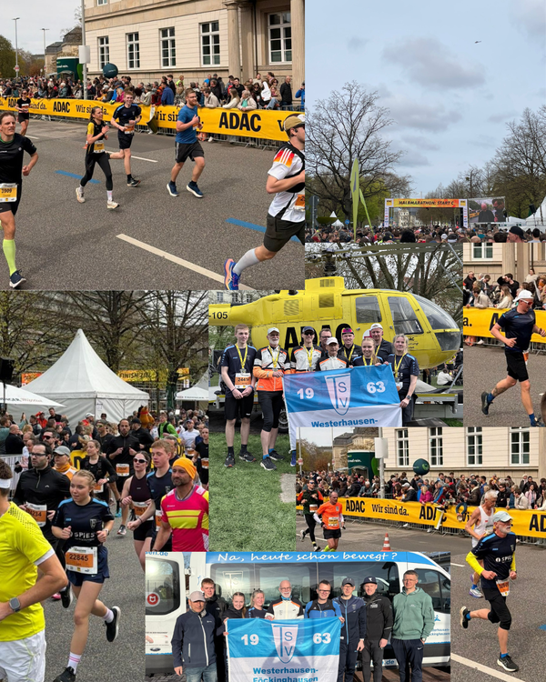 Hannover Halbmarathon 2026 - Collage Das Bild ist eine Collage aus mehreren Fotos eines großen Lauf-Events, vermutlich eines Halbmarathons in einer Stadt. Man sieht zahlreiche Läuferinnen und Läufer auf abgesperrten Straßen, die von vielen Zuschauerinnen und Zuschauern am Rand angefeuert werden. Entlang der Strecke hängen gelbe Absperrbanner, und die Stimmung wirkt lebendig und gut besucht. Die Teilnehmenden tragen Sportkleidung und Startnummern, einige sind mitten im Lauf, andere wirken konzentriert oder erschöpft. Ein weiteres Bild zeigt den Startbereich mit einem großen Banner „Halbmarathon Start“, umgeben von einer dichten Menschenmenge. Auch ein Zielbereich ist zu erkennen, wo sich viele Personen sammeln. Besonders auffällig sind zwei Gruppenfotos: Eine Gruppe steht vor einem gelben Rettungshubschrauber und hält eine blau-weiße Fahne mit der Aufschrift „1963 Westerhausen“. Eine andere Gruppe posiert vor einem Fahrzeug mit derselben Fahne, was auf ein gemeinsames Team oder einen Verein hindeutet. Insgesamt vermittelt die Collage den Eindruck eines sportlichen Großereignisses mit starker Gemeinschaft, guter Organisation und einer motivierenden Atmosphäre.