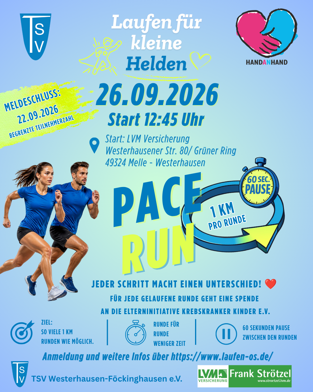 Pace Run am 26.09.2026 Zwei Läufer in Sportkleidung laufen nebeneinander vor einem Flyer mit Informationen zum Pace Run am 26.09.2026 in Melle