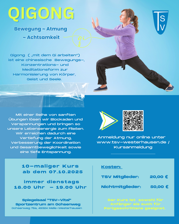 Frau in lila Sportkleidung macht QiGong-Übung im Ausfallschritt vor blauem Hintergrund mit Text zu Kursdetails und TSV-Logo