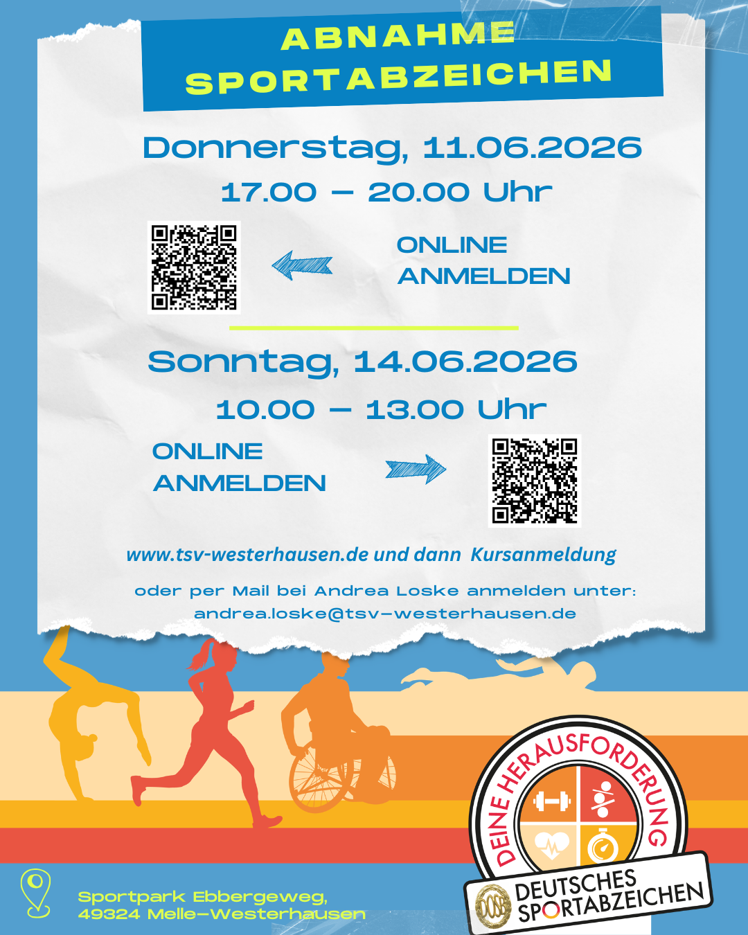 Sportabzeichen-Abnahme 2026 Plakat zur Abnahme des Sportabzeichens mit Terminen, QR-Codes zur Online-Anmeldung, Silhouetten von Menschen beim Sport, Standortangabe und Logo des Deutschen Sportabzeichens