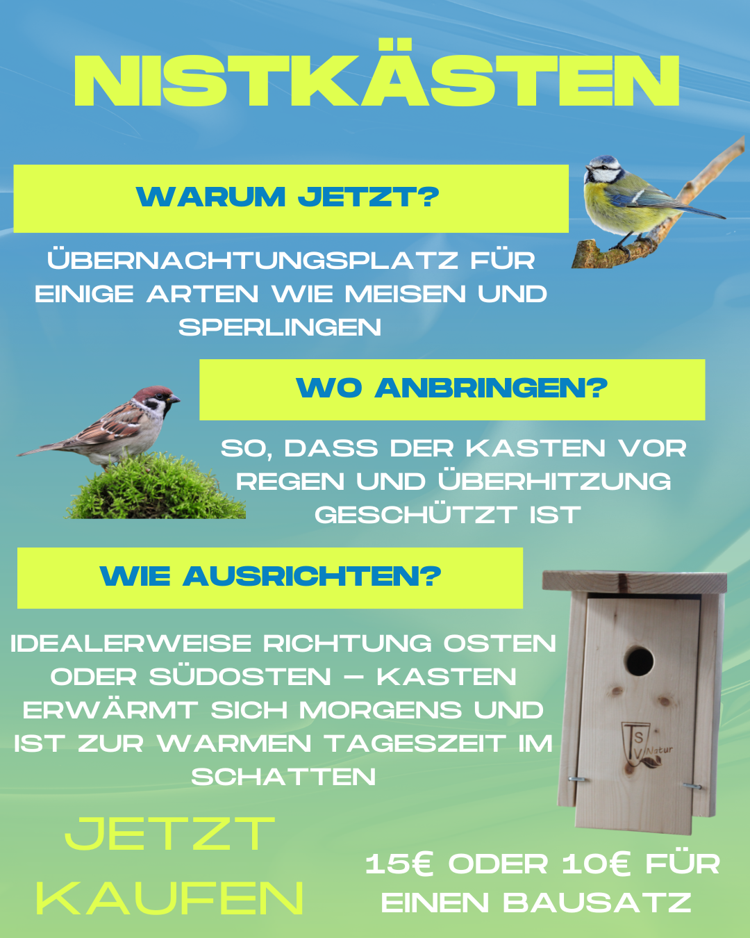 Das Bild ist ein farbenfrohes Informationsplakat zum Thema Nistkästen. Es verwendet kräftige Farben wie Blau, Grün und Gelb und enthält sowohl Text als auch Bilder von Vögeln und einem Nistkasten.  Textinhalte:  Überschrift: „NISTKÄSTEN“ – in großen, leuchtend gelben Buchstaben.  Abschnitt: Warum jetzt?  Überschrift: „WARUM JETZT?“ (blau hinterlegt)  Text: „Übernachtungsplatz für einige Arten wie Meisen und Sperlinge“  Abschnitt: Wo anbringen?  Überschrift: „WO ANBRINGEN?“  Text: „So, dass der Kasten vor Regen und Überhitzung geschützt ist“  Abschnitt: Wie ausrichten?  Überschrift: „WIE AUSRICHTEN?“  Text: „Idealerweise Richtung Osten oder Südosten – Kasten erwärmt sich morgens und ist zur warmen Tageszeit im Schatten“  Kaufaufruf am unteren Rand: „JETZT KAUFEN“ in großen, leuchtenden Buchstaben Daneben: „15€ oder 10€ für einen Bausatz“  Bilder:  Links oben: Ein Haussperling auf Moos  Rechts oben: Eine Blaumeise auf einem Ast  Unten rechts: Ein hölzerner Nistkasten mit dem Logo „SV Natur“  Der Hintergrund zeigt einen sanften Farbverlauf von Blau (oben) nach Grün (unten), mit einem angedeuteten Himmel im oberen Bereich.