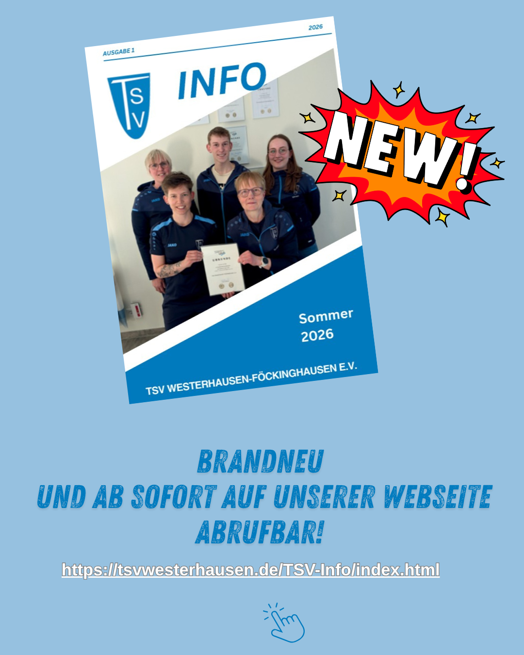 Neue TSV Info Sommer 2026 Fünf Personen in Sportkleidung halten ein Zertifikat vor einer Wand mit TSV-Logo auf einem Info-Deckblatt für Sommer 2026 mit dem Schriftzug 'NEW!' und dem Hinweis auf die neue Webseite des TSV Westerhausen-Föckinghausen e.V.