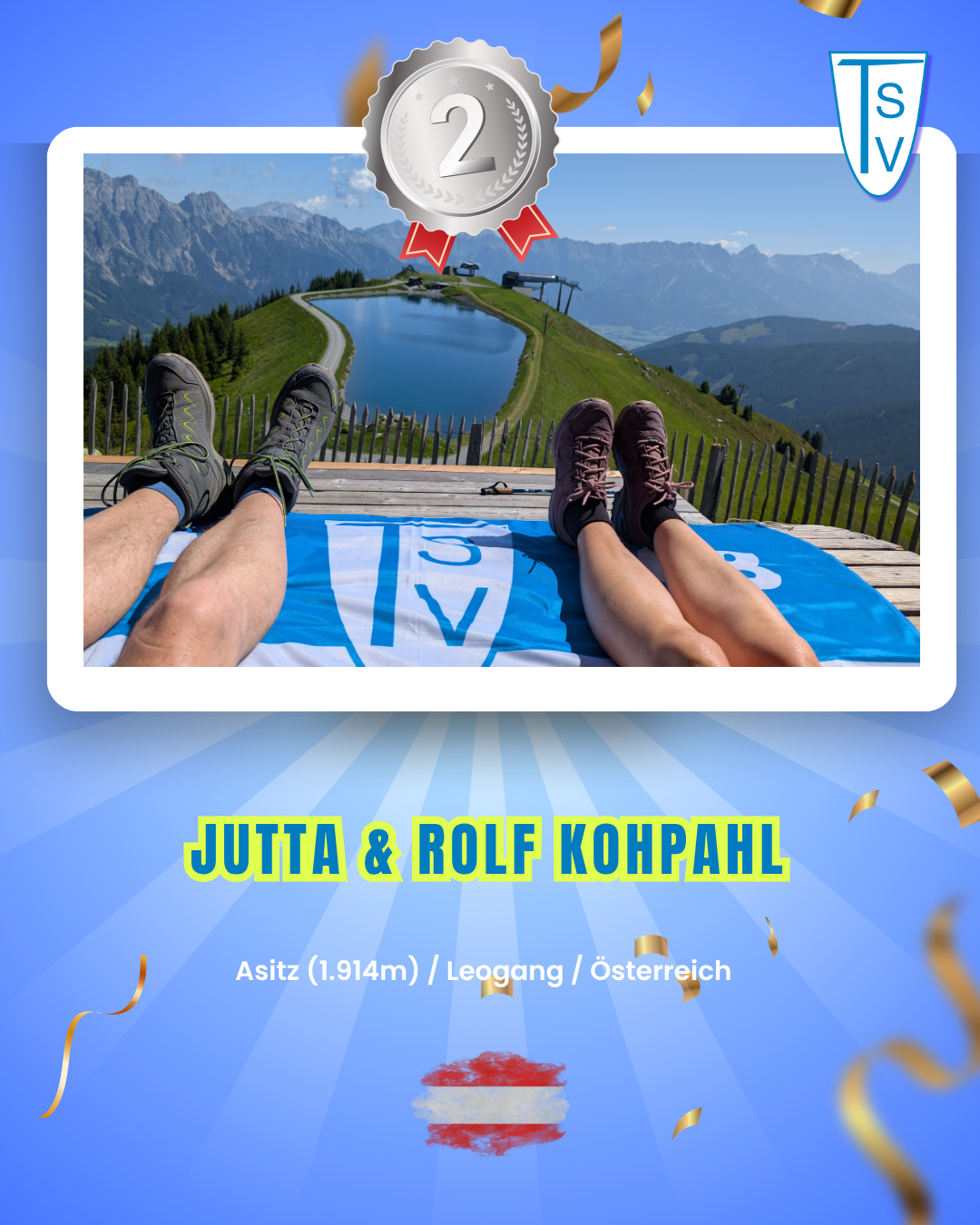 2.Platz TSV on Tour 2025 Rolf und Jutta Kohpahl Blick auf zwei ausgestreckte Beine mit Wanderschuhen vor einem Bergsee und Bergpanorama