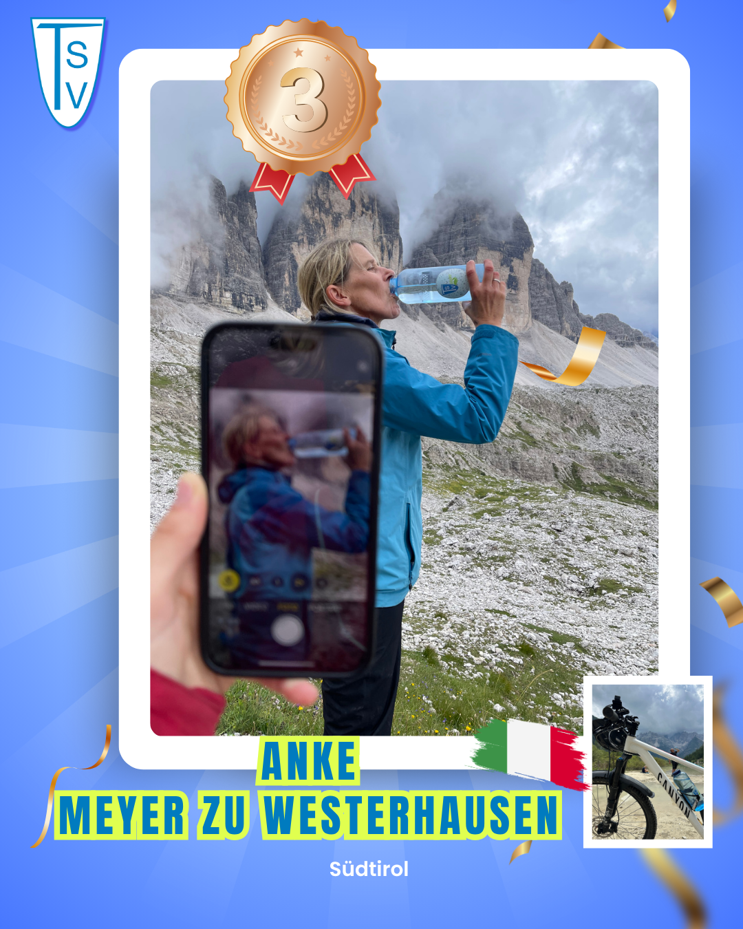 3. Platz TSV on Tour 2025 Anke Meyer zu Westerhausen Person in blauer Jacke trinkt aus einer Flasche vor einer Berglandschaft, im Vordergrund Hand mit Smartphone, das die Szene filmt