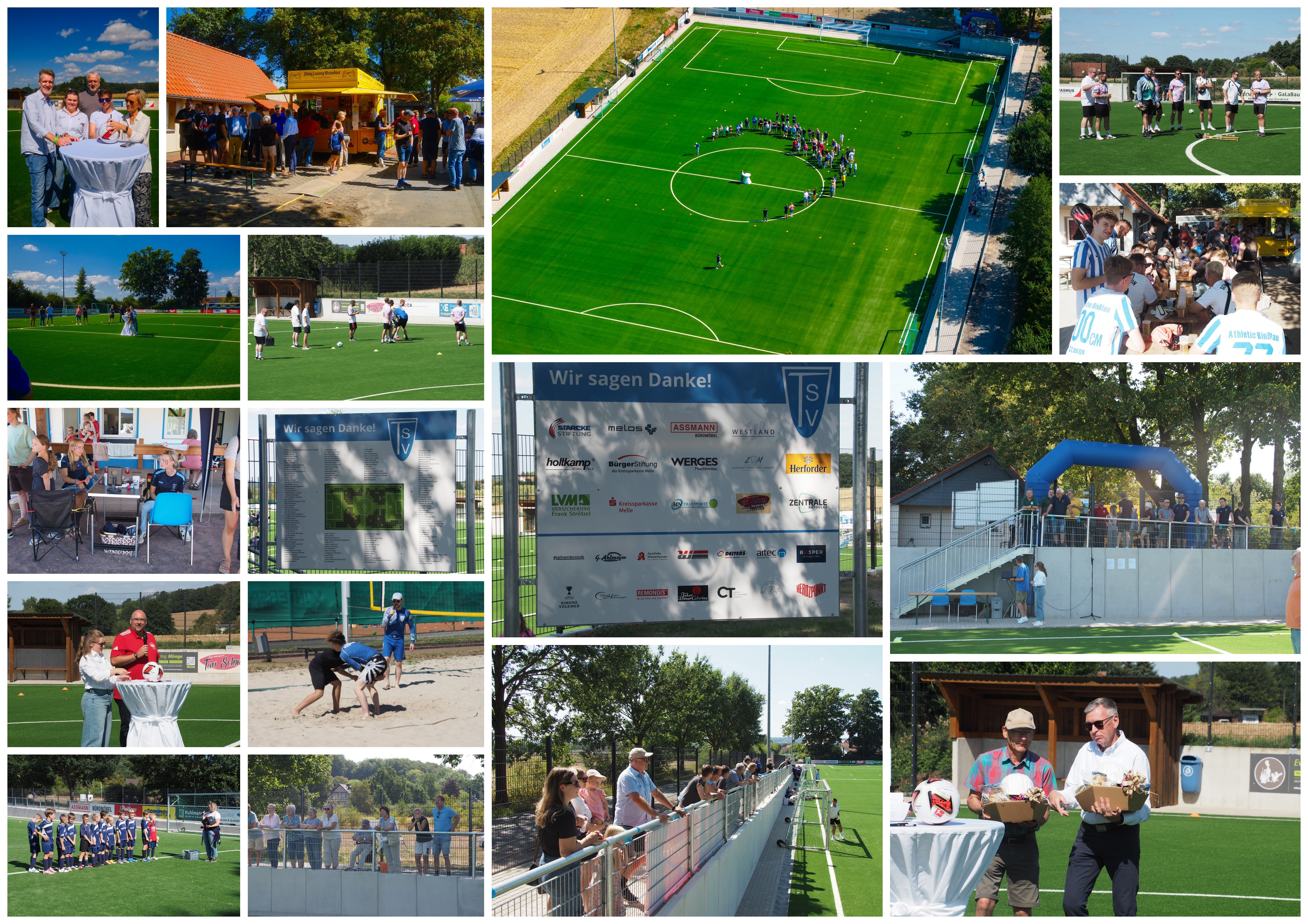 Impressionen von der Einweihung Kunstrasen in der Fotogalerie Verschiedene Szenen einer Einweihungsfeier auf einem Kunstrasenplatz mit Gruppen von Menschen, Fußballspielern, Zuschauern, einem Infostand und einem großen Banner mit Sponsorenlogos