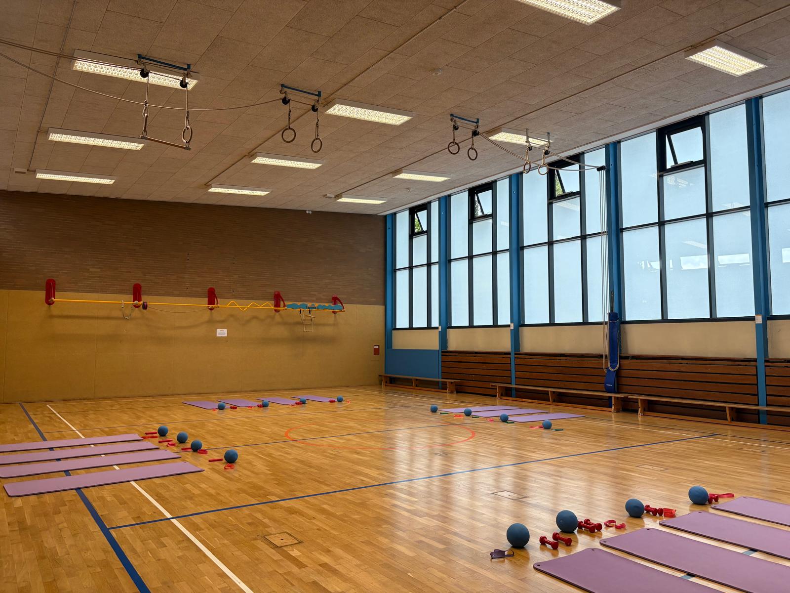Alte Halle - Sportzentrum am Ochsenweg - Ansicht mit Turngeräten Leerer Turnsaal mit Holzfußboden, großen Fenstern, Turnringen an der Decke, violetten Gymnastikmatten und blauen Bällen auf dem Boden.
