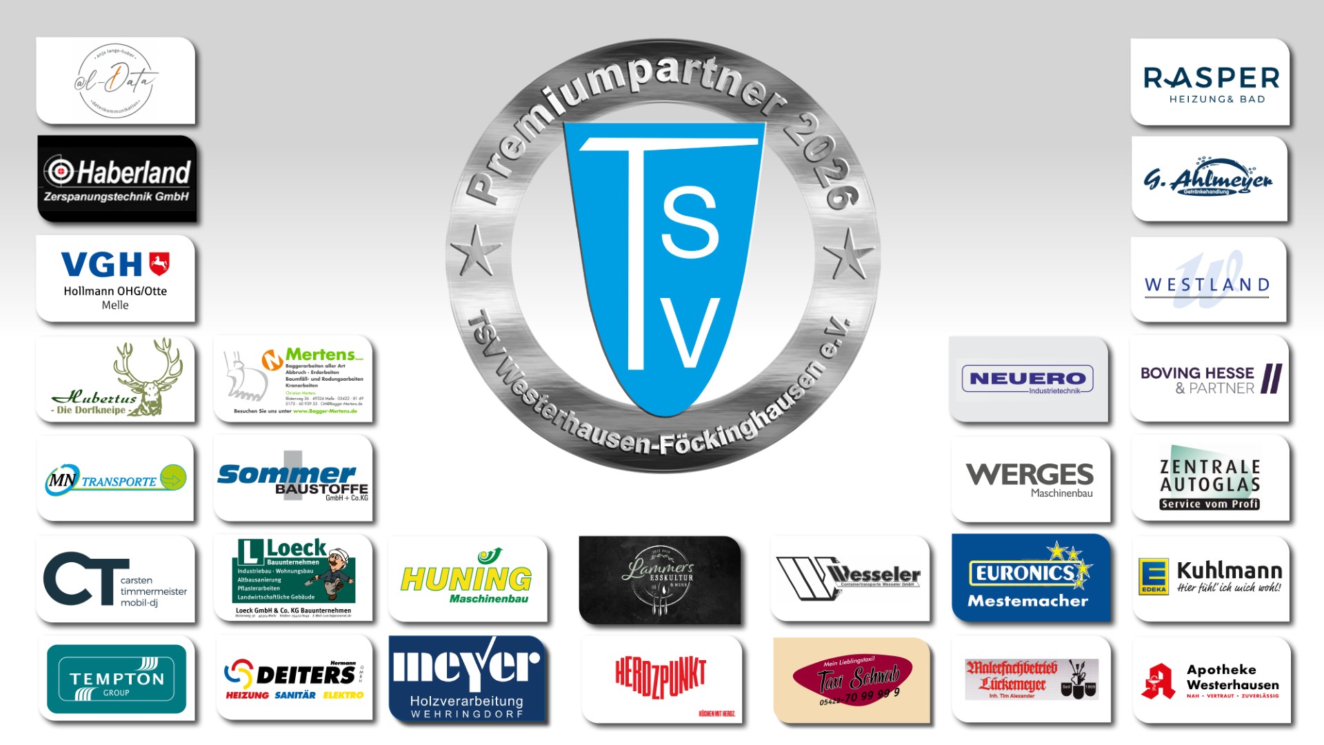 Premiumsponsoren 2026 Logo des TSV Testwestausen-Föckinghausen e.V. in der Bildmitte umgeben von Logos verschiedener Premiumsponsoren